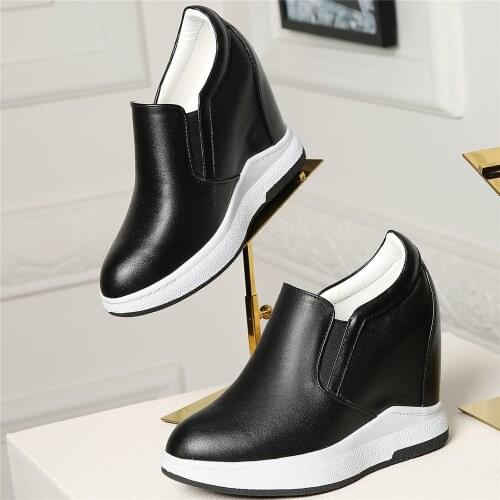 Casual Shoes Women Cow Leather Wedges High Heel Vulcanized Shoes Female Round Toe Fashion Sneakers Slip On Platform Pumps Shoes