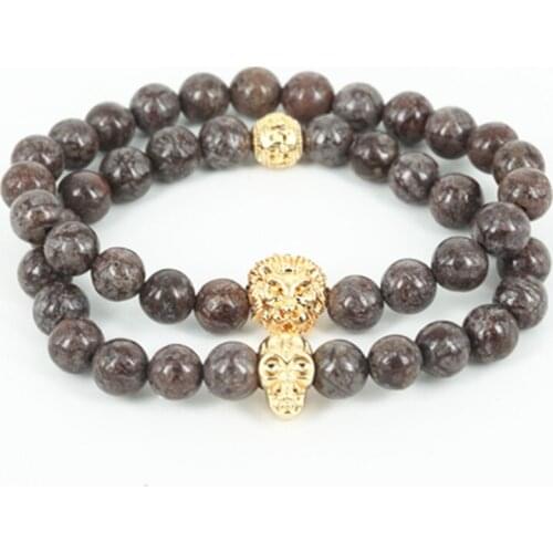Men Lion Stone Bracelets Gold Color Color Lion Skull Hamas Charm Bracelet Natural Stones For Men Fashion Jewelry