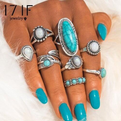 DAXI Vintage Geometric Stone Opal Rings Set For Woman Bohemian Antique Silver Color Knuckle Shield Rings Fashion Party Jewelr