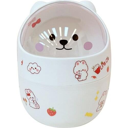 Desktop With Lid Trash Can Mini Kawaii Cute Bear Trash Bin Storage Box Girl Pen Holder Storage Bucket With Flip Top