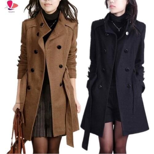 New Women Long Coat and Jacket Autumn Winter Elegant Women Wool Coats Long Jackets Korean Version Slim Trench Coat with Straps