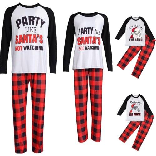 2 Pcs Christmas Pajamas Parent-child Dress Set, Round Neck Long Sleeve Letter Print Pullover, Loose Plaid Trousers, Daily Life