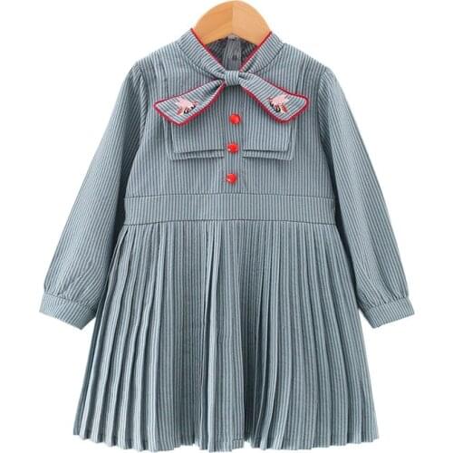 Girls Dress Autumn England Style Princess Dress Children Clothing Striped Bow Design for Girls Clothes 2-6Y blue