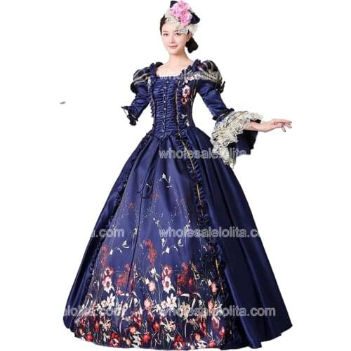 Brand New Dark Blue Lace Printed Marie Antoinette Dress Southern Belle Victorian Period Ball Gown Reenactment Women Clothing