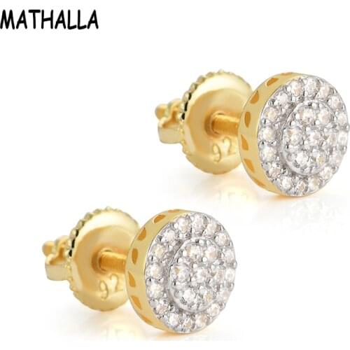 MATHALLA Hip Hop Ice Out Bling Earrings for Men Women Gold Micropavé Cubic Zirconia Round Earrings Jewelry Gift