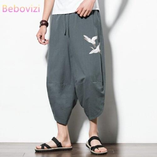 Plus Size M-5XL Summer Chinese Style Crane Embroidery Cotton Loose Harem Pants for Men Gray Red Black Thai Japan Kimono Bloomers