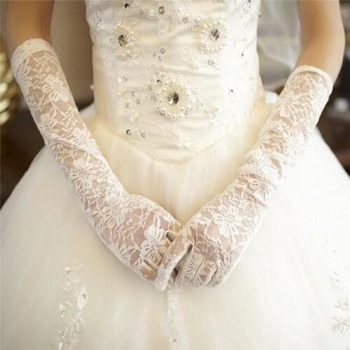 1 Pair White Ivory Wedding Gloves for Women Girls Elbow Length Full Finger Lace Gloves Elegant Bridal Gloves Wedding Accessories