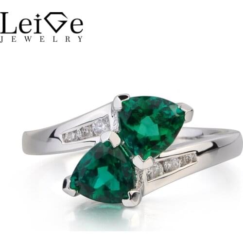 Leige Jewelry Proposal Ring Emerald Ring May Birthstone Trillion Cut Green Gems Genuine 925 Sterling Silver Ring Gifts for Her