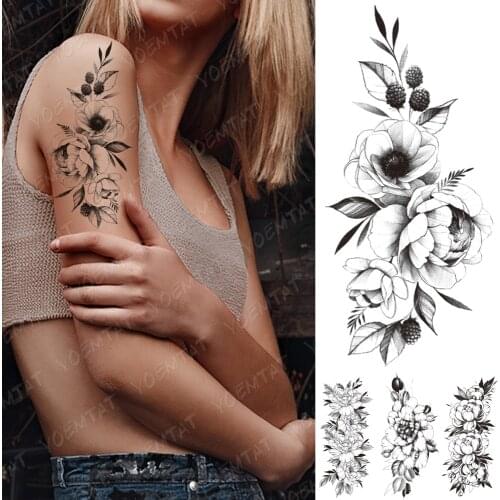Waterproof Temporary Tattoo Stickers Peony Flower Black Flash Tattoos Minimalist Sketch Body Art Arm Waist Thigh Fake Tatto