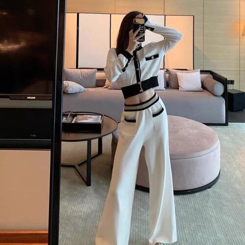Temperament suit long-sleeved single-breasted cardigan + wide-leg pants knitted two-piece Korean fashion womens clothing