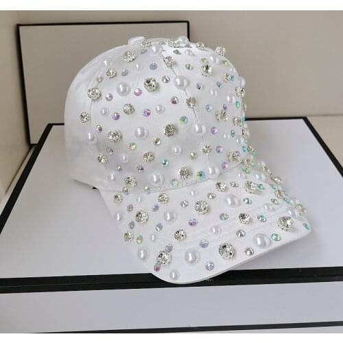 Woman Girl Rhinestone Pearl Baseball Hat White Pink Adjustable Snapback Cap Fashion 2021 Spring Sunhat Cool High Quality Hat