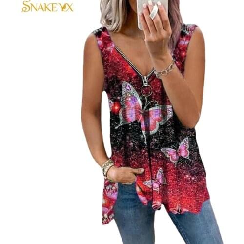 SNAKE YX Graphic T Shirts Womens Butterfly Printed Sleeveless Casual Zipper V-neck T-shirt Soft and Comfortable Thin