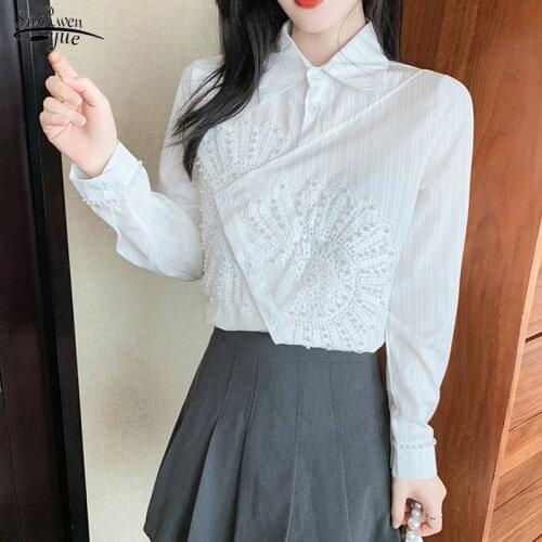 2021 Autumn White Elegant Solid Blouse Women Long-sleeved Beaded Irregular Chiffon Women Shirt Delicate Stable Beveled Top 16278