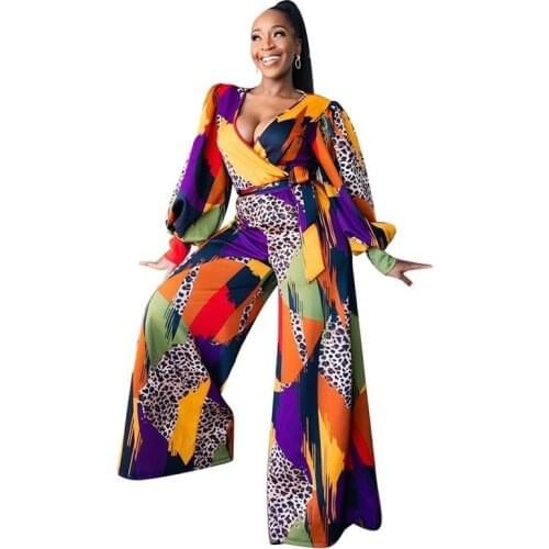 Plus Size V-neck Printed Sashes Jumpsuit Women Autumn Clothing for Woman Elegant Fashion