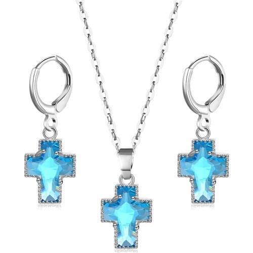 Trendy Minimalist Zircon Cross Necklace Earrings Sets for Women Geometric Dangle Drop Earrings Rhinestone Pendant Jewelry Sets
