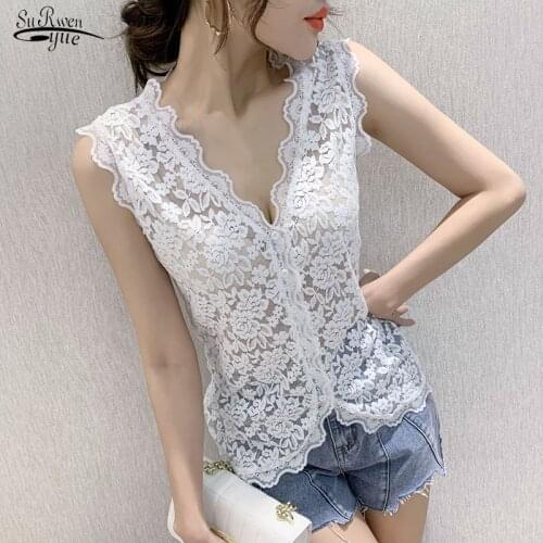 2021 Summer Solid Lace Sleeveless Hollow Out V-neck Lace Sexy Outer Wear Women Tank Tops Casual Sweet Streetwear Beach 14936