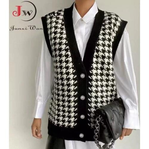 Women Fashion Loose Houndstooth Vest Cardigan Autumn Winter Sleeveless Single Breasted Vintage Knitted Sweater Coat Jacket