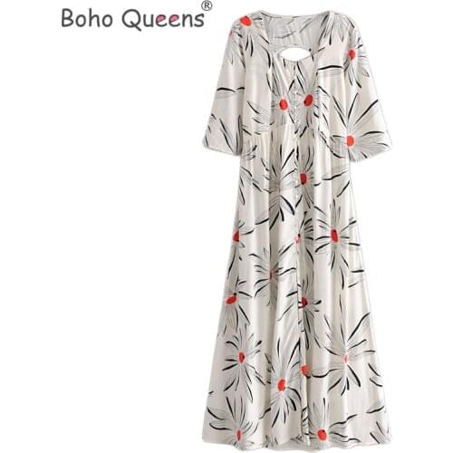 Boho Queens Women white floral print short sleeve beach Bohemian sundresses Ladies front botton rayon Boho maxi dress vestidos