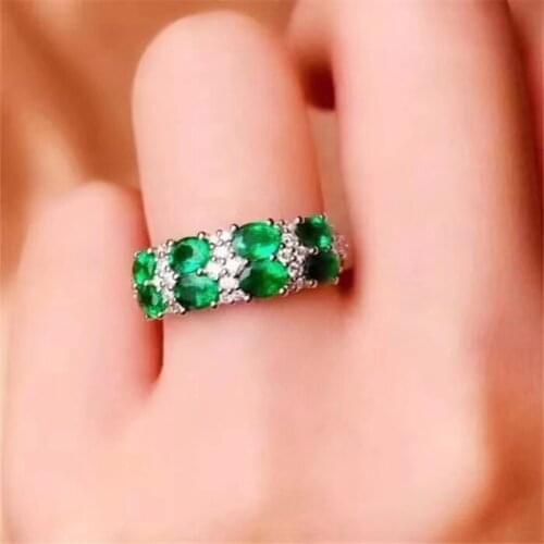 Fashion elegance Lovely double Row Natural green Emerald Ring S925 Silver Natural Gemstone Ring girl Womens party gift Jewelry