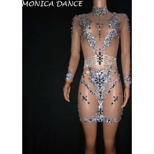 Women Sexy Sparkly Silver Crystals Mesh Dress Women Birthday Celebrate Perspective Dress Stage Evening Nightclub Dance Dress