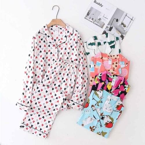 2021 New Ladies Full Cotton Pajamas Set For Spring And Autumn Turn-down Collar Cardigan+Pants Comfort Loose Women Homewear Set