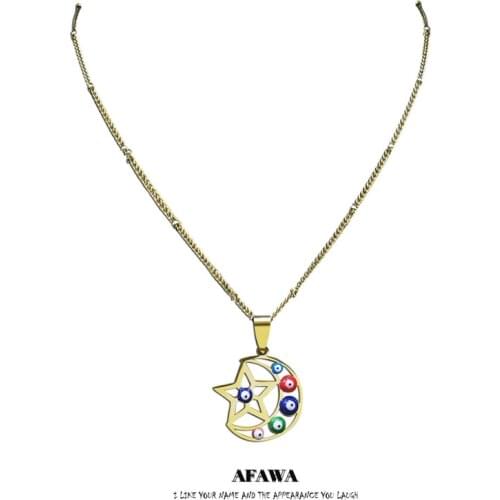 2021 Stainless Steel Islam Moon Star Colorful Turkey Eye Charm Necklaces Gold Color Necklaces Jewelry pendentif N5205S01