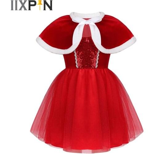 Girls Ballet Dress Christmas Figure Ice Skating Dress Sleeveless Shiny Sequins Mesh Tutu Dress with Capelet Baton Twirling Dress