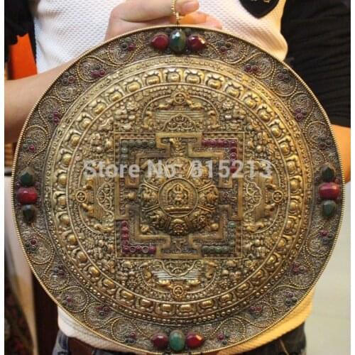 Bi0011579 Tibet Buddhism Bronze 24K Gold inlay Ruby Beryl 8 Symbol Mandala Thangka Statue