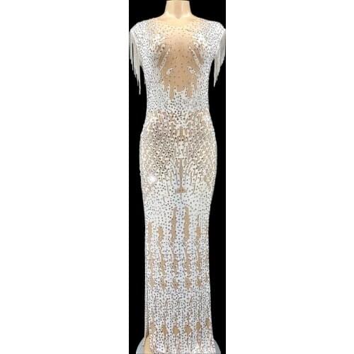 Sparkly Rhinestones Chain Print Long Dress Fashion Prom Gown Evening Sexy Split See Through Crystals Birthday Club Party Dress