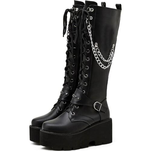 Demonia Boots Wedges Shoes On Platform For Women 2021 Round Toe Chain Goth Boot Round Toe Punk Style Ladies Martin Boot