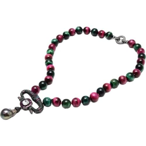GG Jewelry 18" Natural Rose Green Tiger Eye Round Necklace Black Keshi Pearl Cz Pave Gunmetal Color Pendant Necklace For Women
