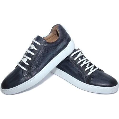 Handmade Dark Blue Sport Sneakers with Natural Calf Skin Leather, Striped Antique Floater Leather, Mens Casual Daily Shoes