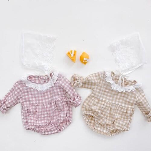 Lace Collar Newborn Infant Baby Girls Grid Rompers Clothing New 2021 Spring Kids Girl Long Sleeve Rompers Clothes