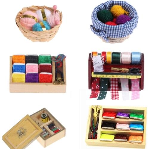 Best Sale 1:12 Miniature Vintage Sewing Box with Lid Winered Dollhouse Decoration Dolls Accessories