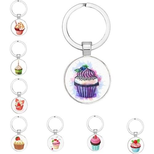 New Cake Cup Key Ring Cute Dessert Cup Cabochon Pendant Metal Key Chain Daughter Cake Shop Handmade Gift For Customers