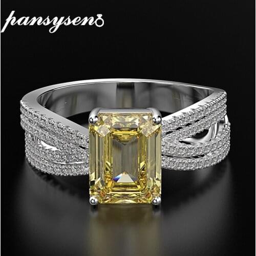 PANSYSEN Luxury Emerald Cut 7*9mm Created Moissanite Citrine Rings for Womne Solid 925 Sterling Silver Wedding Fine Jewelry Ring