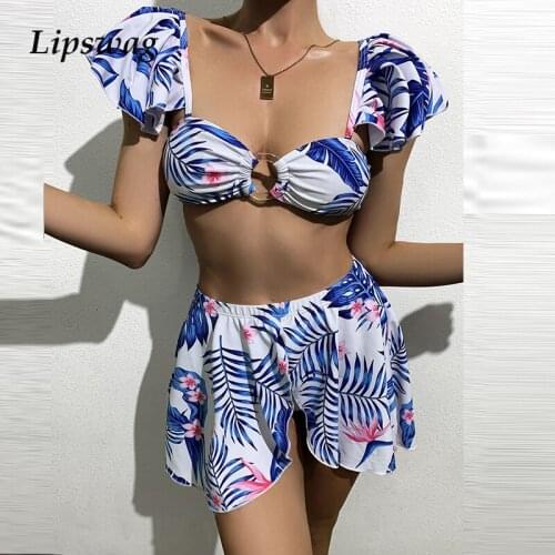 Sexy Hollow Out Print Swimsuit Bikini Set Women Three Piece High Waist Swimwear Biquini Push Up Ruffle Sleeves Beachwear Suits