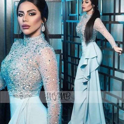 Sparkly Dubai High Neck Mother Of The Bride Dresses Blue Bodycon With Rouching Side Skirt Long Sleeve Womens Evening Wear