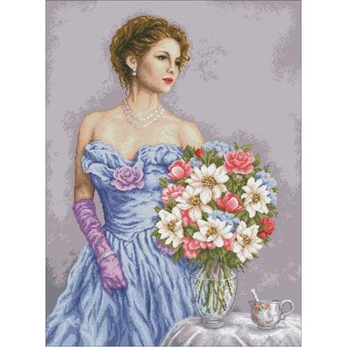 Blue dress woman with vase patterns Counted Cross Stitch 11CT 14CT 18CT DIY Chinese Cross Stitch Kits Embroidery Needlework Sets