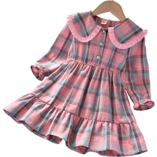 Spring Autumn Girls Plaid Dress Lace Collar Sweet Long Sleeves European and American School Style Toddler Baby Kid Clothes 2-6y