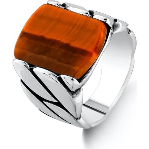 Vintage Men Brown Tiger Eye Gemstone Ring Ottoman Motif Men Ring Solid 925 Sterling Silver