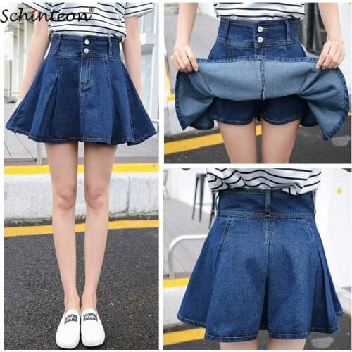 Schinteon Women Denim Mini Skirt Jeans Ruffles High Waist A-Lined Pleated Skirt Shorts Plus Size S-9XL New Summer