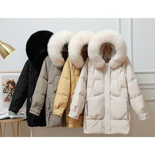 2021 New Winter Womens White Duck Down Jacket Hooded Warm Down Parkas Big Real Fox Fur Hight Quality Female Loose Coat