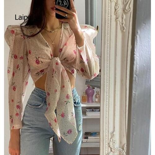 Lace Up Blouse Women See Through V Neck Chiffon Blouse 2021 Autumn Ladies Long Sleeve Sexy Cropped Top