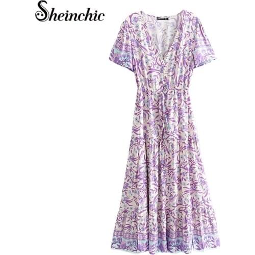 Women 2021 Summer V Neck Short Sleeve Maxi Dress Elegant Gorgeous Floral Print Party Dress Spring Pleated Long Dress