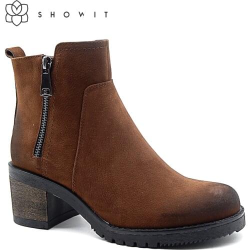 Lady casual ankle boots High quality zip side footwear for women Mid-heel Female Autumn boot with Round toe anti-skid match heel