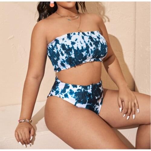Plus Size Tie dye Bikini Women Push Up Bandeau Swimwear Vintage Two Piece High Waisted Separate Swimsuit Set For Women Beachwear