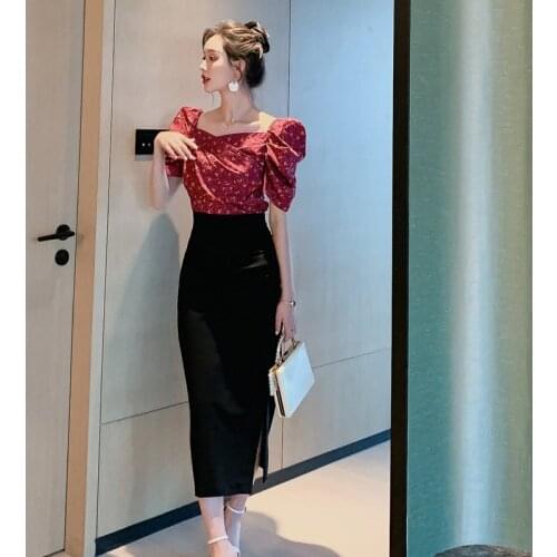 Women Summer Vintage Print Floral Two Piece Set Puff Sleeve Red Blouse and Empire Black Skirt Ladies Casual Elegant 2 Piece Set