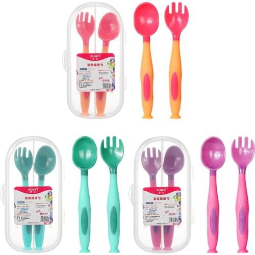 1set Baby Utensil Tableware Bendable Training Spoon Fork Set with Storage Case Bendable Spoon Fork Heat-Resistant Baby Tableware