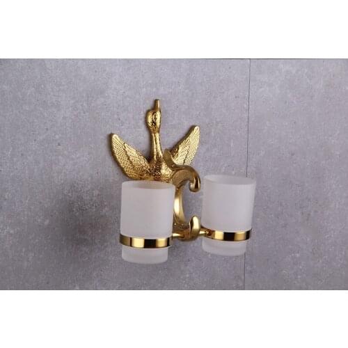 Free ship Ti-PVD gold Finish swan CRYSTAL TUMBLER HOLDER DOUBLE CUP HOLDERS nEW